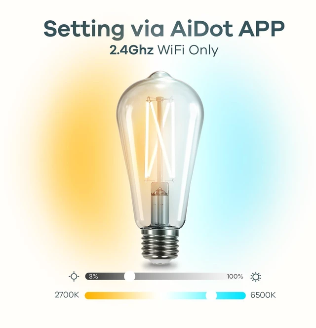 Alt view image 4 of 7 - Smart Edison Light Bulb, ST19 (58) Vintage Bulb, 2 Pack with Remote Works with Alexa/Google Home, 2700K-6500K Warm White to Daylight LED Filament Bulb, Smart Dimming, WiFi E26 Bulb 8W 60W 800LM