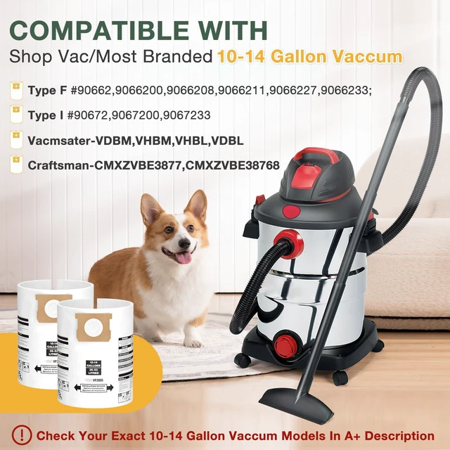 Alt view image 2 of 7 - 8PCS 10-14 Gallon Vacuum Bags for Shop Vac Bags Disposable Wet Dry Vaccum Collection Bags Replace Part Type I #90672 9067200, Type F #90662 9066200 9066233, VF2005 (White)