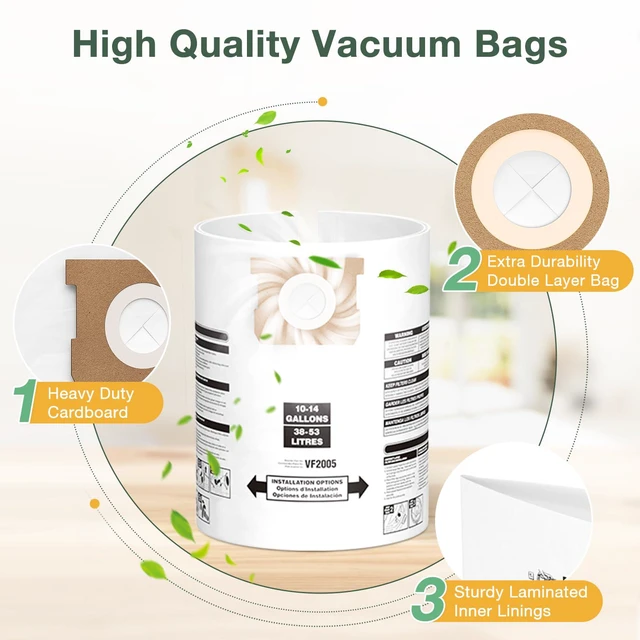 Alt view image 4 of 7 - 8PCS 10-14 Gallon Vacuum Bags for Shop Vac Bags Disposable Wet Dry Vaccum Collection Bags Replace Part Type I #90672 9067200, Type F #90662 9066200 9066233, VF2005 (White)