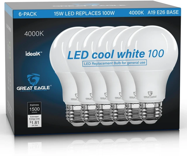 Main image of A19 LED Light Bulbs 100 Watt Equivalent - Cool White 4000K Light Bulbs, 15W Non-Dimmable, 1500 Lumens (6 Pack)