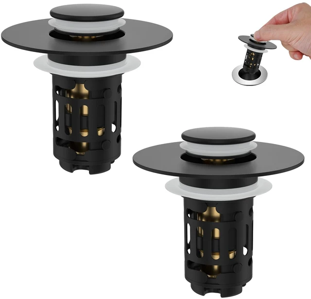 Main image of 2 Pack Bathroom Sink Drain Strainer, 3 in 1 Pop Up Stopper Universal Hair Catcher Sink Plug for 1.1''-2.36'' Hole, Removable Stainless Steel Filter Basket, Brass Core, Matte Black