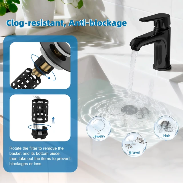 Alt view image 2 of 7 - Universal Bathroom Sink Drain Strainer, 3 in 1 Pop Up Stopper Upgraded Hair Catcher Sink Plug for 1.1''-2.36'' Hole, Removable Stainless Steel Filter Basket, Brass Core, Matte Black