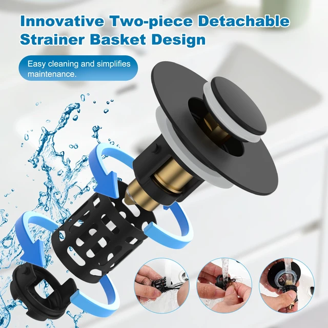 Alt view image 3 of 7 - Universal Bathroom Sink Drain Strainer, 3 in 1 Pop Up Stopper Upgraded Hair Catcher Sink Plug for 1.1''-2.36'' Hole, Removable Stainless Steel Filter Basket, Brass Core, Matte Black