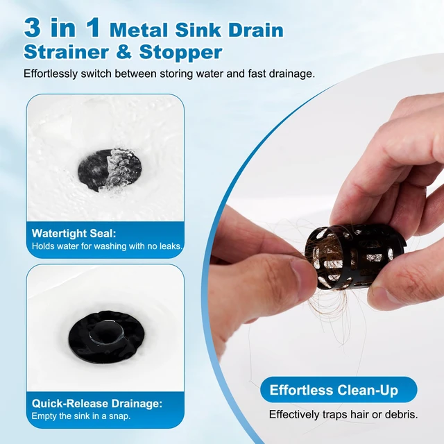 Alt view image 6 of 7 - Universal Bathroom Sink Drain Strainer, 3 in 1 Pop Up Stopper Upgraded Hair Catcher Sink Plug for 1.1''-2.36'' Hole, Removable Stainless Steel Filter Basket, Brass Core, Matte Black