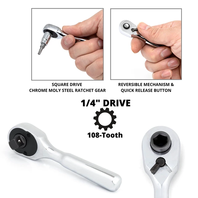 Alt view image 3 of 6 - 03001A Stubby Ratchet, 1/4 Inch Ratchet Wrench, 108-Tooth Reversible Ratchet, 3.3 Degree, Quick Release Mini 1/4 Ratchet Drive, Oval Head Wrench, CR-V Steel Quarter Inch Small Ratchet Wrench