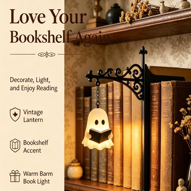 Alt view image 5 of 6 - Library Lantern Mini Bookshelf Lamp, Ghost Vintage Hanging LED Book shelf Lights with Bookend-Style Base,Warm Decorative for Home,Study and Reading Corner,Enchanting Gift for Literary Lovers (3 PCS)
