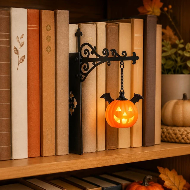 Alt view image 4 of 5 - Library Lantern Mini Bookshelf Lamp, Pumpkin Hanging LED Book Shelf Lights with Vintage Bookend-Style Base,Warm Decorative for Home,Study and Reading Corner,Enchanting Gift for Literary Lovers(3 PCS)