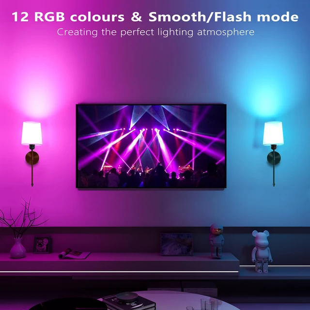 Alt view image 3 of 7 - Battery Operated Wall Sconces Set of 2, Remote Control, RGB Bulb, Black Wireless Rechargeable Dimmable Wall Light with RGB Bulb and Remote for Bedroom, Living Room, Hallway