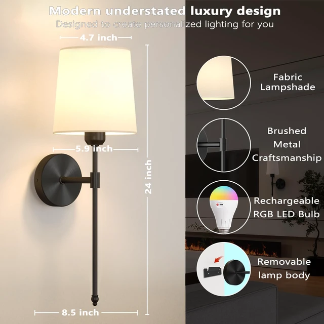 Alt view image 4 of 7 - Battery Operated Wall Sconces Set of 2, Remote Control, RGB Bulb, Black Wireless Rechargeable Dimmable Wall Light with RGB Bulb and Remote for Bedroom, Living Room, Hallway