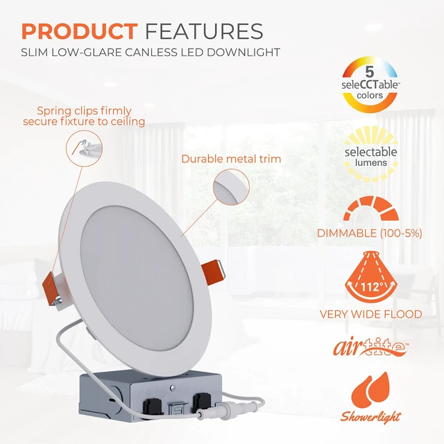 Alt view image 2 of 7 - HLB Canless LED Recessed Lighting 6 inch 5CCT Lumen Select wafer light, IC-rated, AIR-TITE, wet rated for soffit /shower light, 800/1000/1200lm, 2700K-5000K, New Construction / Remodel
