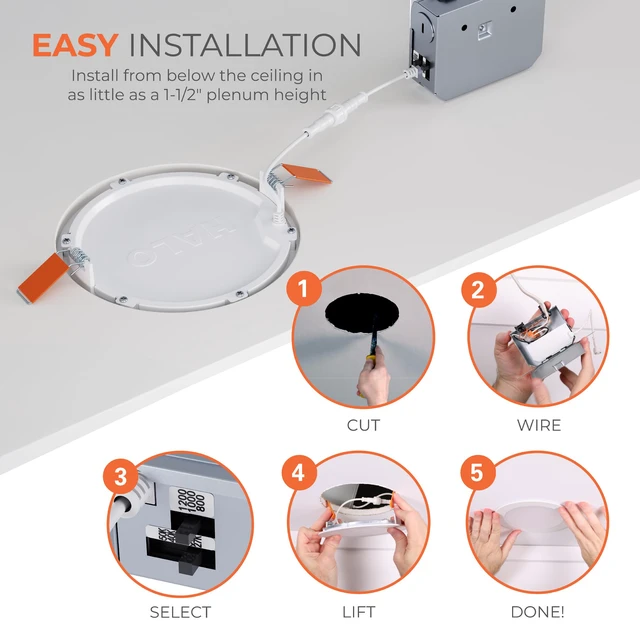 Alt view image 4 of 7 - HLB Canless LED Recessed Lighting 6 inch 5CCT Lumen Select wafer light, IC-rated, AIR-TITE, wet rated for soffit /shower light, 800/1000/1200lm, 2700K-5000K, New Construction / Remodel