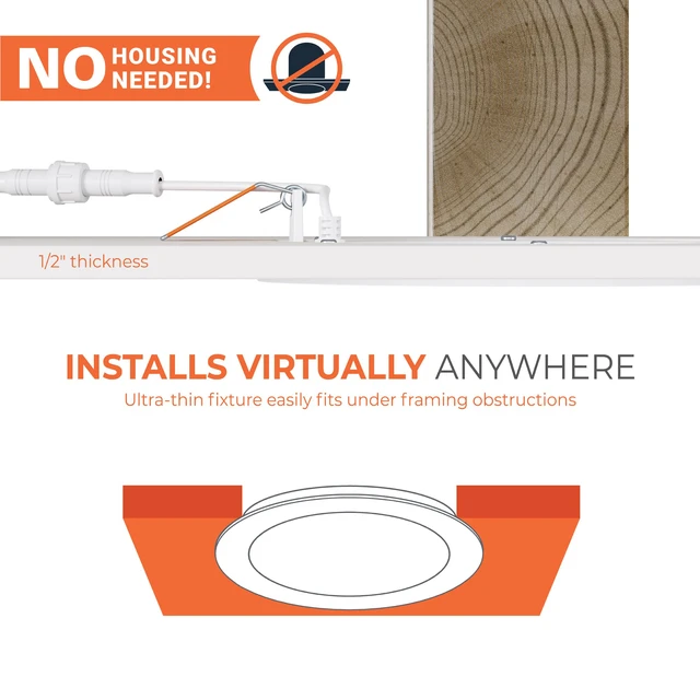 Alt view image 3 of 7 - HLB Canless LED Recessed Lighting 6 inch 5CCT Lumen Select wafer light, IC-rated, AIR-TITE, wet rated for soffit /shower light, 800/1000/1200lm, 2700K-5000K, New Construction / Remodel