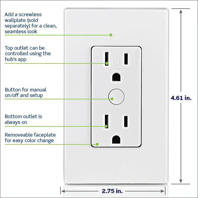Alt view image 5 of 7 - Decora Smart Tamper-Resistant Outlet with Z-Wave Technology, 1 Pack, ZW15R-1BW, White