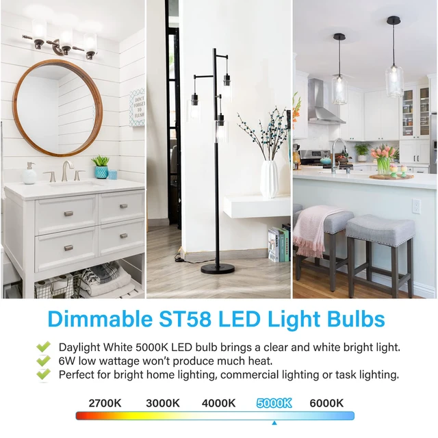 Alt view image 5 of 7 - Vintage LED Edison Bulb Dimmable 60W Equivalent E26 Led Bulbs High Brightness 850LM, Daylight White 5000K, ST58 Antique LED Filament Bulb E26 Medium Base, CRI 85+, Clear Glass, 20-Pack
