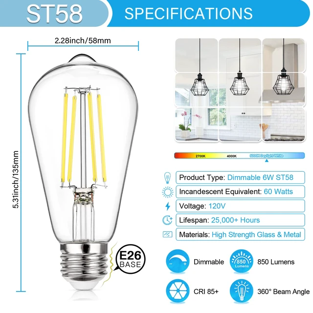 Alt view image 2 of 7 - Vintage LED Edison Bulb Dimmable 60W Equivalent E26 Led Bulbs High Brightness 850LM, Daylight White 5000K, ST58 Antique LED Filament Bulb E26 Medium Base, CRI 85+, Clear Glass, 20-Pack