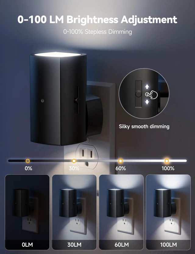 Alt view image 2 of 7 - BL-WM-Square-Black-PW-2PC Modern Night Light with Rotating Plug, Dusk to Dawn Sensor, 0-100LM Stepless Dimming Night Light for Hallway Bedroom Bathroom
