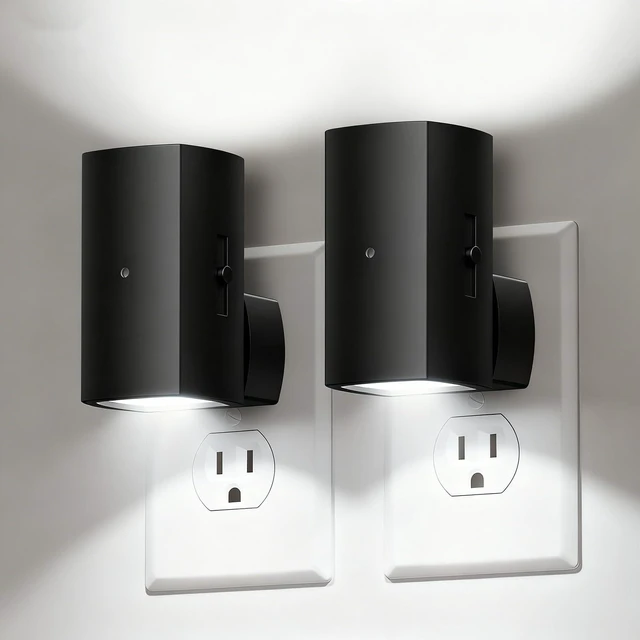 Main image of BL-WM-Square-Black-PW-2PC Modern Night Light with Rotating Plug, Dusk to Dawn Sensor, 0-100LM Stepless Dimming Night Light for Hallway Bedroom Bathroom