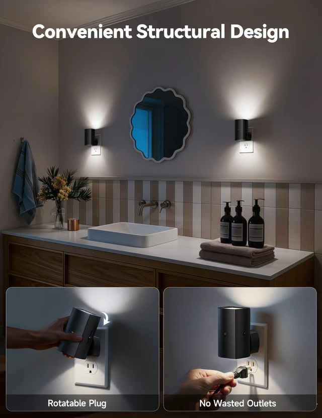 Alt view image 4 of 7 - BL-WM-Square-Black-PW-2PC Modern Night Light with Rotating Plug, Dusk to Dawn Sensor, 0-100LM Stepless Dimming Night Light for Hallway Bedroom Bathroom