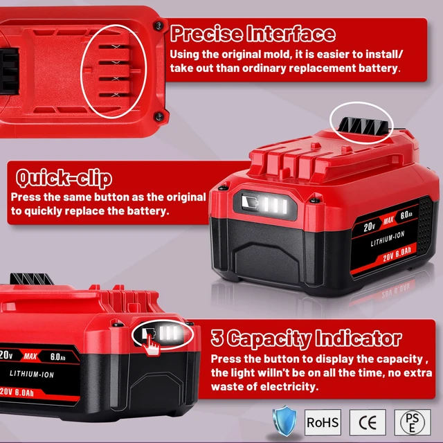 Alt view image 4 of 7 - Upgrade 2Pack 6.0Ah 20V Replacement Battery for V20 Craftsman 20V Battery MAX CMCB204 CMCB202 CMCB201 CMCD700C1 CMCS500B (All of V20 Cordless Tool Series) High Capacity