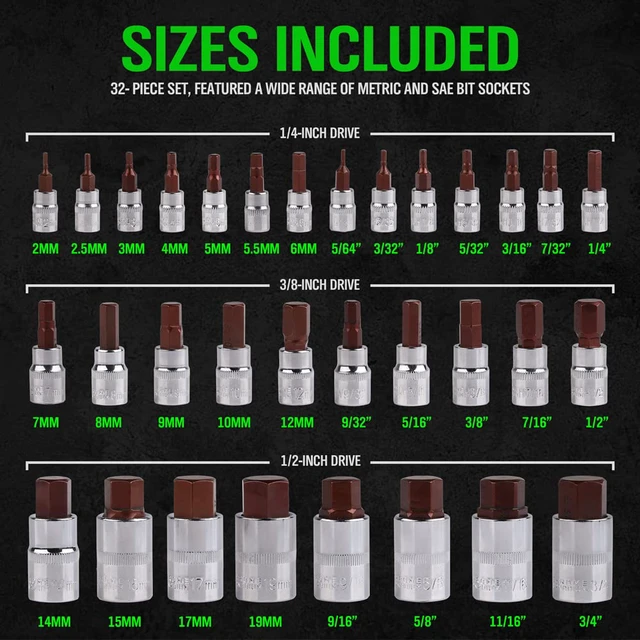 Alt view image 2 of 7 - 32 Piece Hex Bit Socket Set,SAE and Metric, 1/4'', 3/8', 1/2'' Drive Socket Set, S2 & Cr-V Steel