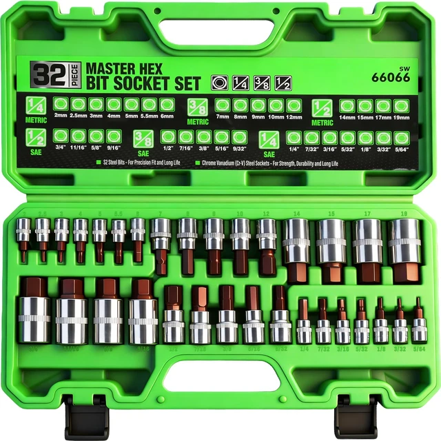 Main image of 32 Piece Hex Bit Socket Set,SAE and Metric, 1/4'', 3/8', 1/2'' Drive Socket Set, S2 & Cr-V Steel
