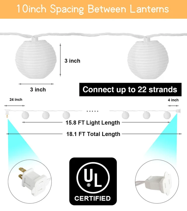 Alt view image 7 of 7 - Mini Lantern Lights String Outdoor, 3 Inch Globe Lantern String Lights for Bedroom -20CT Connectable White Lights for Wedding Decorations, Patio,Porch,Window Decor