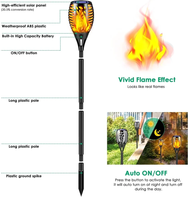 Alt view image 3 of 7 - 6 Pack Solar Lights Outdoor Flickering Flame Solar Torch Lights Realistic Flame Effect, Charges in 6-8 Hours, 10-12-Hour Runtime, IP65 Waterproof, Auto On/Off for Yard, Patio and Garden