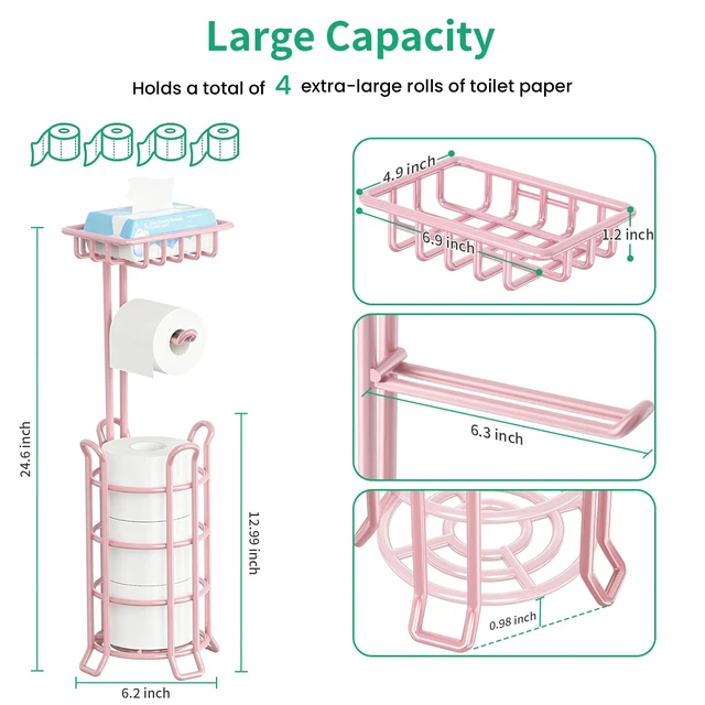 Alt view image 2 of 7 - Toilet Paper Holder Free Standing with Shelf, Stable 4 Raised Feet Stores 4 Mega Rolls, Tool-Free Assembly, Powder-Coated Metal Frame, Bathroom Storage Organizer for Spare Rolls, Pink