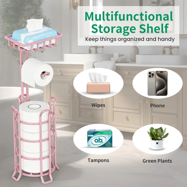 Alt view image 4 of 7 - Toilet Paper Holder Free Standing with Shelf, Stable 4 Raised Feet Stores 4 Mega Rolls, Tool-Free Assembly, Powder-Coated Metal Frame, Bathroom Storage Organizer for Spare Rolls, Pink