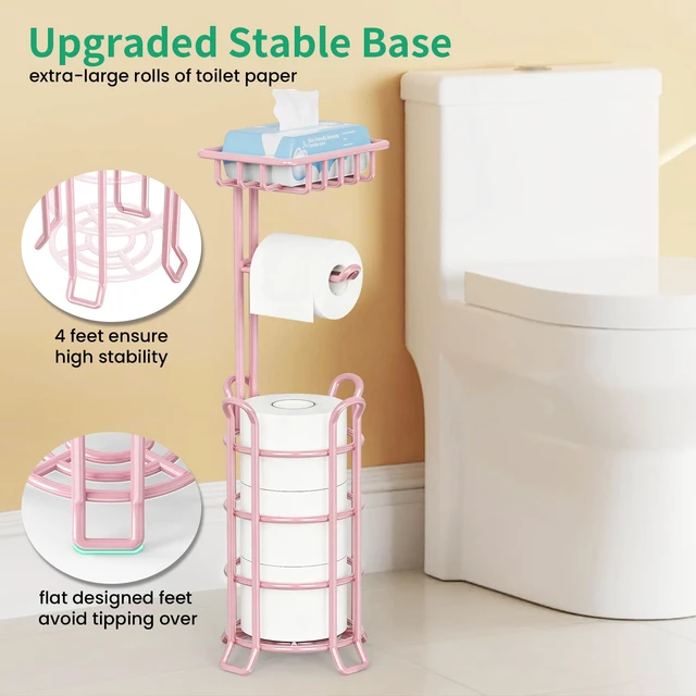 Alt view image 3 of 7 - Toilet Paper Holder Free Standing with Shelf, Stable 4 Raised Feet Stores 4 Mega Rolls, Tool-Free Assembly, Powder-Coated Metal Frame, Bathroom Storage Organizer for Spare Rolls, Pink
