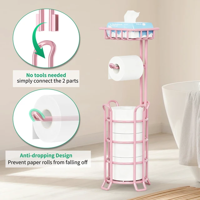 Alt view image 5 of 7 - Toilet Paper Holder Free Standing with Shelf, Stable 4 Raised Feet Stores 4 Mega Rolls, Tool-Free Assembly, Powder-Coated Metal Frame, Bathroom Storage Organizer for Spare Rolls, Pink
