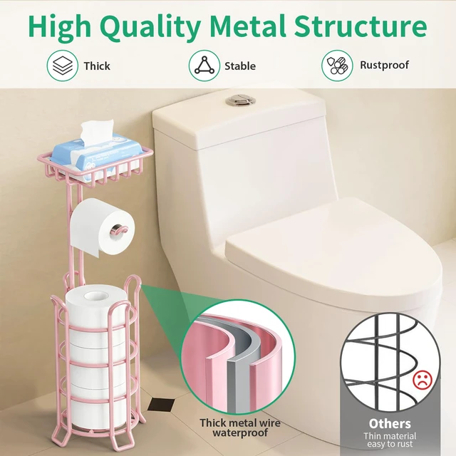 Alt view image 6 of 7 - Toilet Paper Holder Free Standing with Shelf, Stable 4 Raised Feet Stores 4 Mega Rolls, Tool-Free Assembly, Powder-Coated Metal Frame, Bathroom Storage Organizer for Spare Rolls, Pink