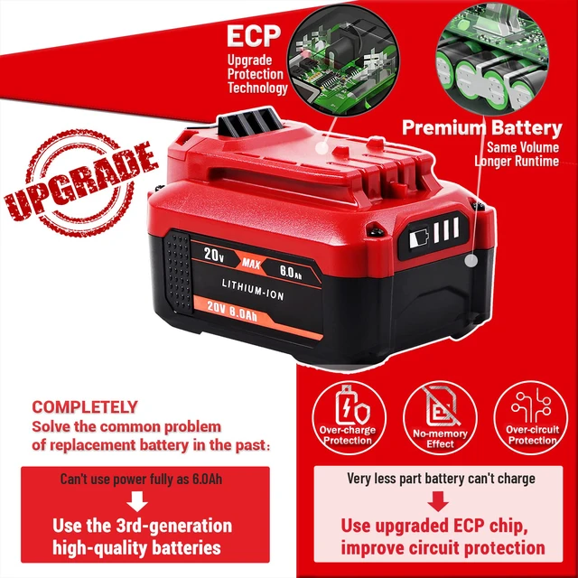 Alt view image 5 of 7 - Upgrade 2Pack 6.0Ah 20V Replacement Battery for V20 Craftsman 20V Battery MAX CMCB204 CMCB202 CMCB201 CMCD700C1 CMCS500B (All of V20 Cordless Tool Series) High Capacity