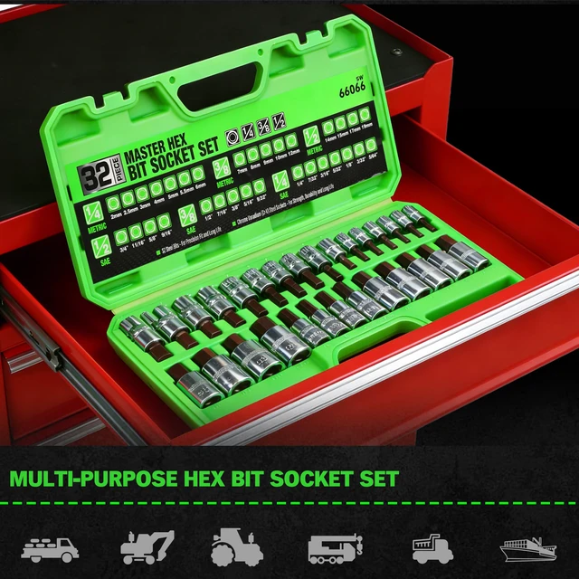 Alt view image 6 of 7 - 32 Piece Hex Bit Socket Set,SAE and Metric, 1/4'', 3/8', 1/2'' Drive Socket Set, S2 & Cr-V Steel