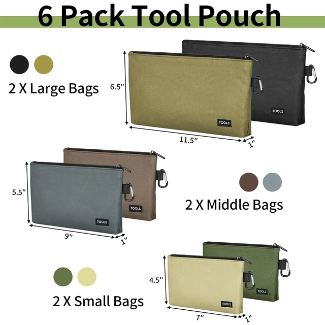 Alt view image 2 of 7 - 6 Pack Tool Bag Zipper Pouch, Premium Tool Pouch, Utility Storage Organizer Tool Pouches with Carabiner Metal Zipper for Tools, Stationary, Pencil Pouch