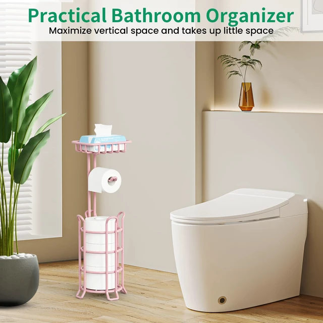 Alt view image 7 of 7 - Toilet Paper Holder Free Standing with Shelf, Stable 4 Raised Feet Stores 4 Mega Rolls, Tool-Free Assembly, Powder-Coated Metal Frame, Bathroom Storage Organizer for Spare Rolls, Pink