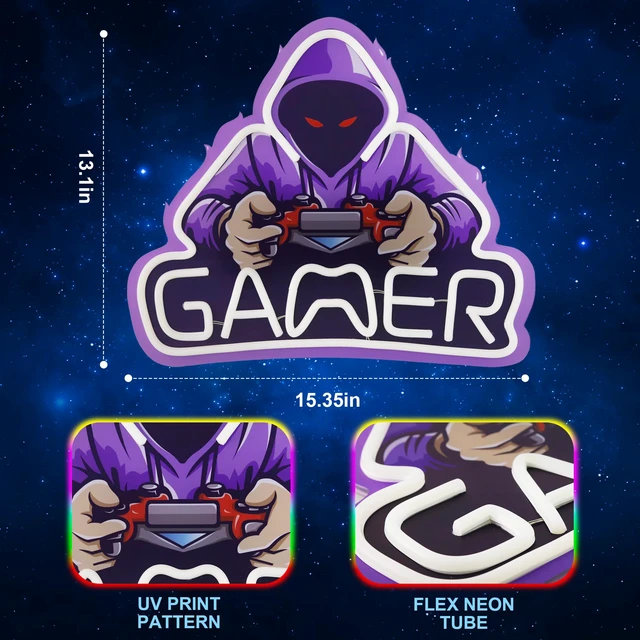 Alt view image 4 of 6 - Gamer Neon Sign, UV Printed Gaming Neon Sign for Gamer Room Decor - LED Video Game Neon Lights for Bedroom Boys, Gaming Wall decor - Best Gamer Gifts for Teenage Boys, Christmas