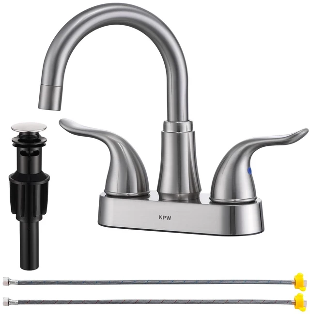 Main image of Bathroom Sink Faucet 2 or 3 Hole Brushed Nickel Centerset 4 Inch Bathroom Sink Faucet 2 Handle Over ABS Non-Metallic Lavatory Bathroom Faucet with Pop up Drain Water Supply Hoses