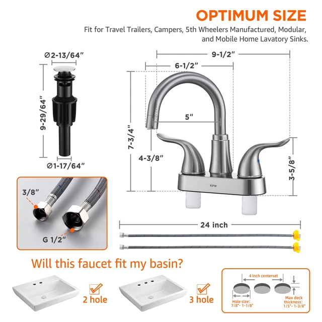 Alt view image 2 of 7 - Bathroom Sink Faucet 2 or 3 Hole Brushed Nickel Centerset 4 Inch Bathroom Sink Faucet 2 Handle Over ABS Non-Metallic Lavatory Bathroom Faucet with Pop up Drain Water Supply Hoses