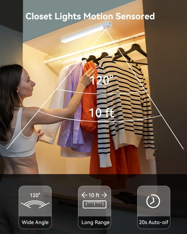 Alt view image 3 of 7 - Under Cabinet Lights 12-Pack, Rechargeable Motion Sensor Light Indoor 3 Color Dimmable Closet Light Battery Operated, USB Stick on LED Magnetic Under Counter Lights for Kitchen Stair, 4 Inches