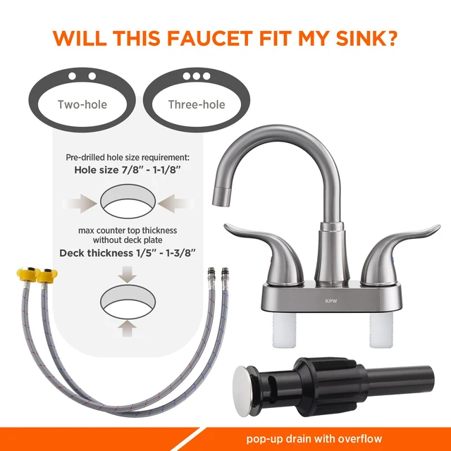 Alt view image 3 of 7 - Bathroom Sink Faucet 2 or 3 Hole Brushed Nickel Centerset 4 Inch Bathroom Sink Faucet 2 Handle Over ABS Non-Metallic Lavatory Bathroom Faucet with Pop up Drain Water Supply Hoses