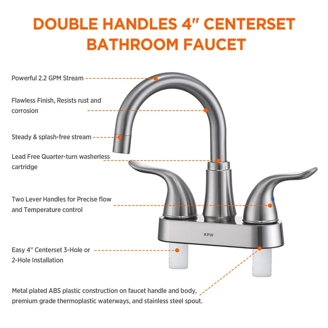 Alt view image 4 of 7 - Bathroom Sink Faucet 2 or 3 Hole Brushed Nickel Centerset 4 Inch Bathroom Sink Faucet 2 Handle Over ABS Non-Metallic Lavatory Bathroom Faucet with Pop up Drain Water Supply Hoses