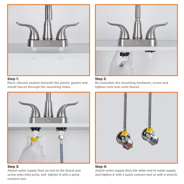 Alt view image 6 of 7 - Bathroom Sink Faucet 2 or 3 Hole Brushed Nickel Centerset 4 Inch Bathroom Sink Faucet 2 Handle Over ABS Non-Metallic Lavatory Bathroom Faucet with Pop up Drain Water Supply Hoses