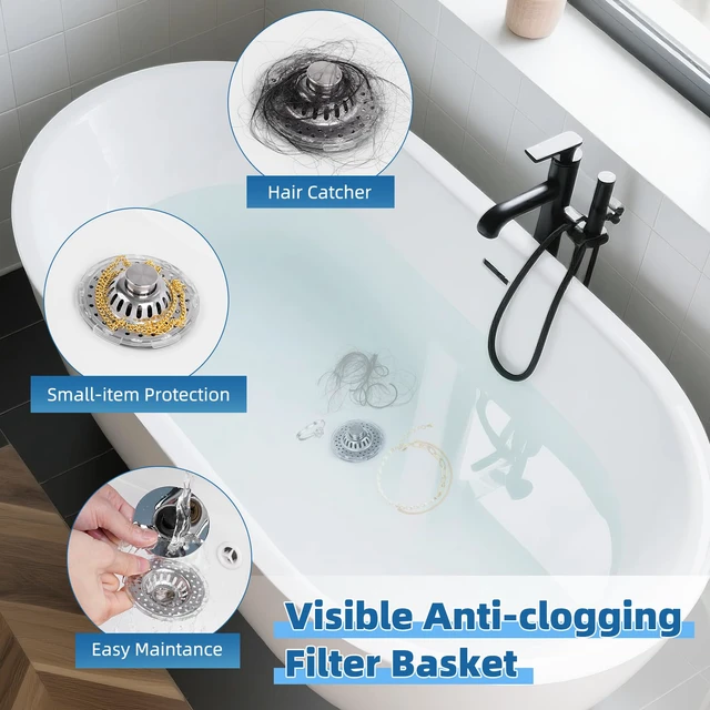 Alt view image 2 of 7 - Universal Bathtub Drain Stopper, Metal Top Strainer Hair Catcher, Chrome Shower Drain Tub Stopper with Stainless Steel Visible Filter Basket, Upgraded 3 in 1 Pop-up Drain Plug for 1.5 to 2.4" Hole