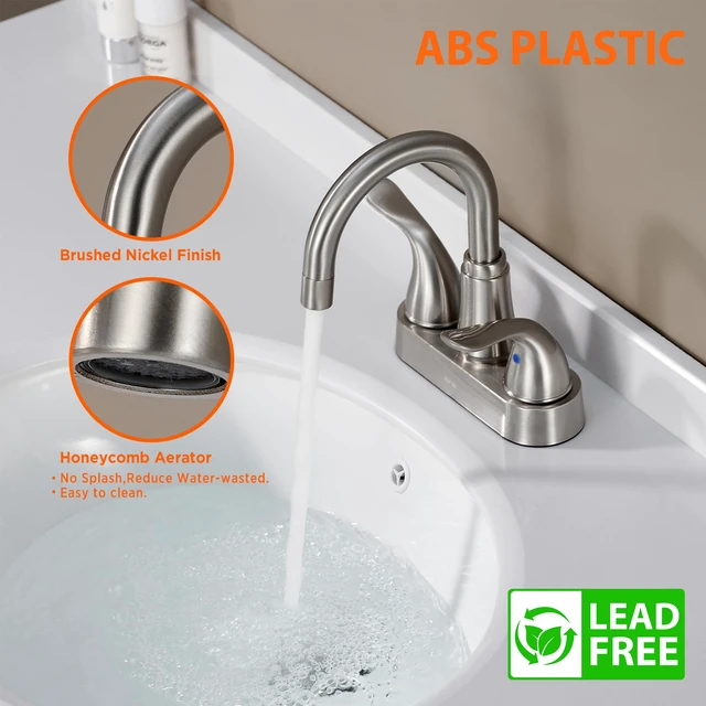 Alt view image 5 of 7 - Bathroom Sink Faucet 2 or 3 Hole Brushed Nickel Centerset 4 Inch Bathroom Sink Faucet 2 Handle Over ABS Non-Metallic Lavatory Bathroom Faucet with Pop up Drain Water Supply Hoses