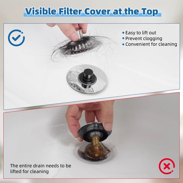 Alt view image 5 of 7 - Universal Bathtub Drain Stopper, Metal Top Strainer Hair Catcher, Chrome Shower Drain Tub Stopper with Stainless Steel Visible Filter Basket, Upgraded 3 in 1 Pop-up Drain Plug for 1.5 to 2.4" Hole