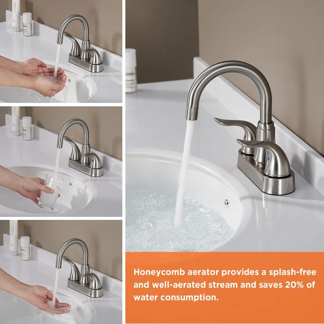 Alt view image 7 of 7 - Bathroom Sink Faucet 2 or 3 Hole Brushed Nickel Centerset 4 Inch Bathroom Sink Faucet 2 Handle Over ABS Non-Metallic Lavatory Bathroom Faucet with Pop up Drain Water Supply Hoses
