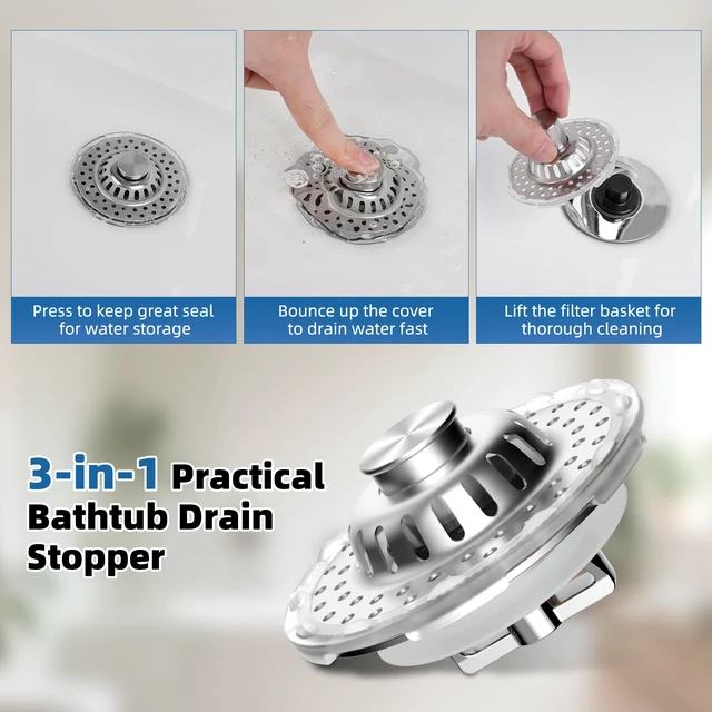 Alt view image 3 of 7 - Universal Bathtub Drain Stopper, Metal Top Strainer Hair Catcher, Chrome Shower Drain Tub Stopper with Stainless Steel Visible Filter Basket, Upgraded 3 in 1 Pop-up Drain Plug for 1.5 to 2.4" Hole