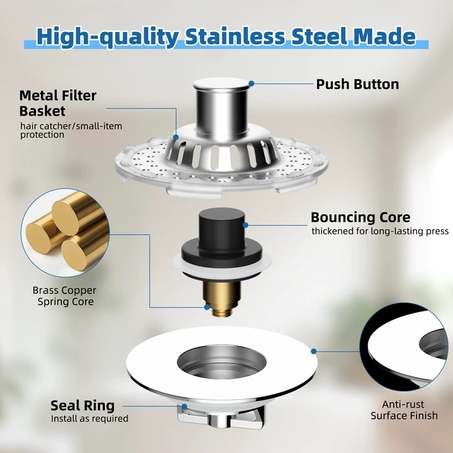 Alt view image 6 of 7 - Universal Bathtub Drain Stopper, Metal Top Strainer Hair Catcher, Chrome Shower Drain Tub Stopper with Stainless Steel Visible Filter Basket, Upgraded 3 in 1 Pop-up Drain Plug for 1.5 to 2.4" Hole