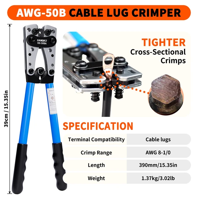 Alt view image 2 of 7 - Battery Cable Lug Crimper AWG 8-1/0, Wire Cutter&12pcs Ring Terminal Electrical Crimping Tool AWG 8 6 4 2 1 1/0, Heavy Duty 4 AWG & 0 AWG 3/8'' Copper Lugs Set, 3:1 Heat Shrink Tubes for Crimp